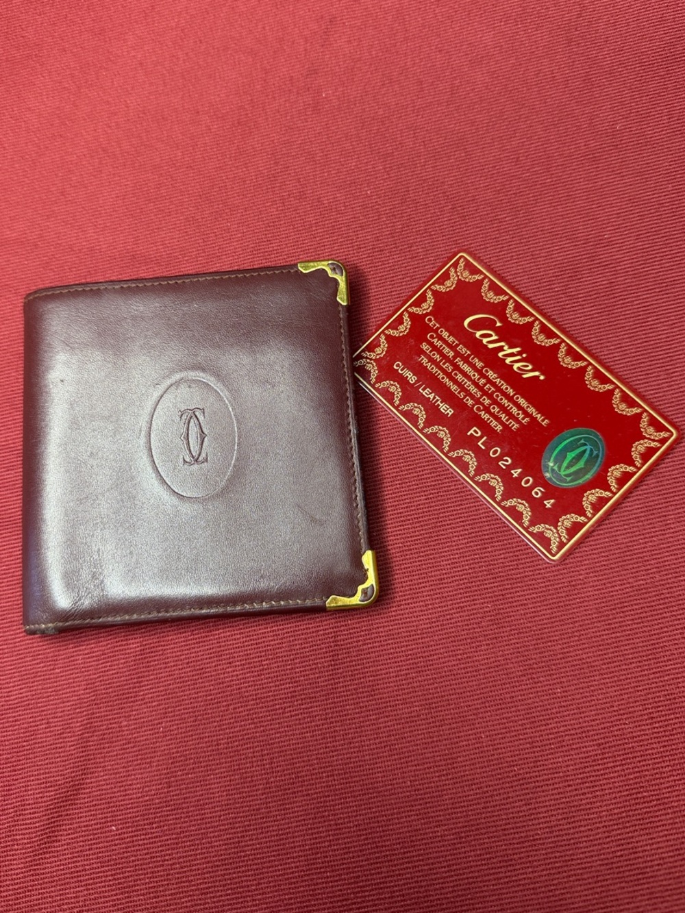 Cartier Burgundy Leather Money Clip Wallet with Gold Corners